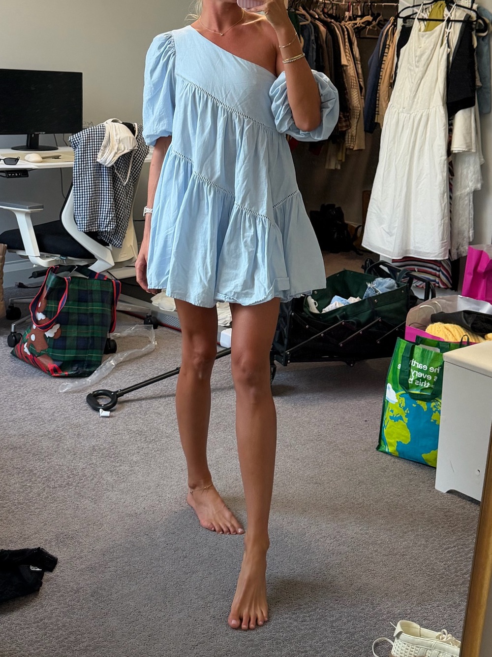 Showpo Light Blue Puff-Sleeve Tiered Mini Dress